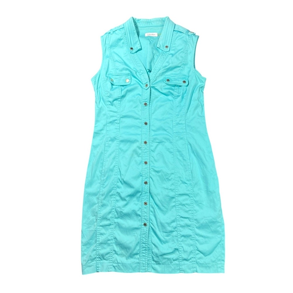 Calvin Klein Women's 12 Turquoise Blue Sleeveless‎ Button Front Dress CD3G1187